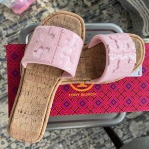 Tory Burch Double-T Leather Sport Slide Sandal Size 7 Petunia Natural/ pink